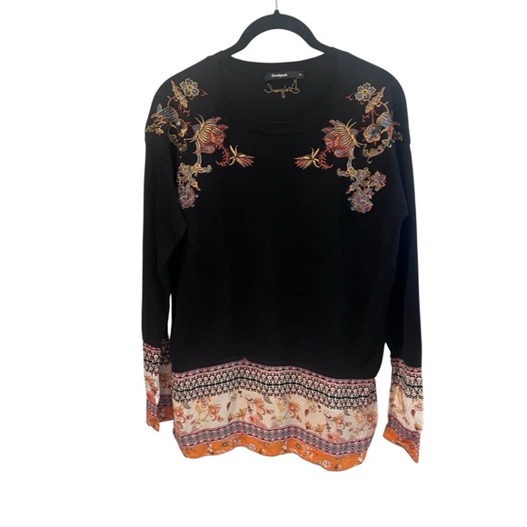 Desigual Black Sweater Top with Floral and Patterned Accents Size Medium - Picture 1 of 7